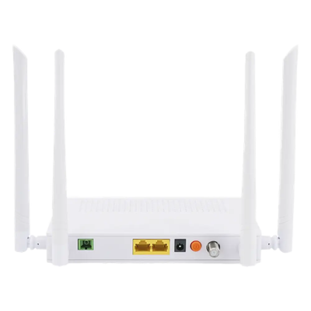 ONU Dual PON / Wi-Fi Doble Banda AC1200 / 2 Puertos Gigabit / Puerto CATV con AGC / 4 Antenas de Alta Ganancia / Gestión Remota OLT