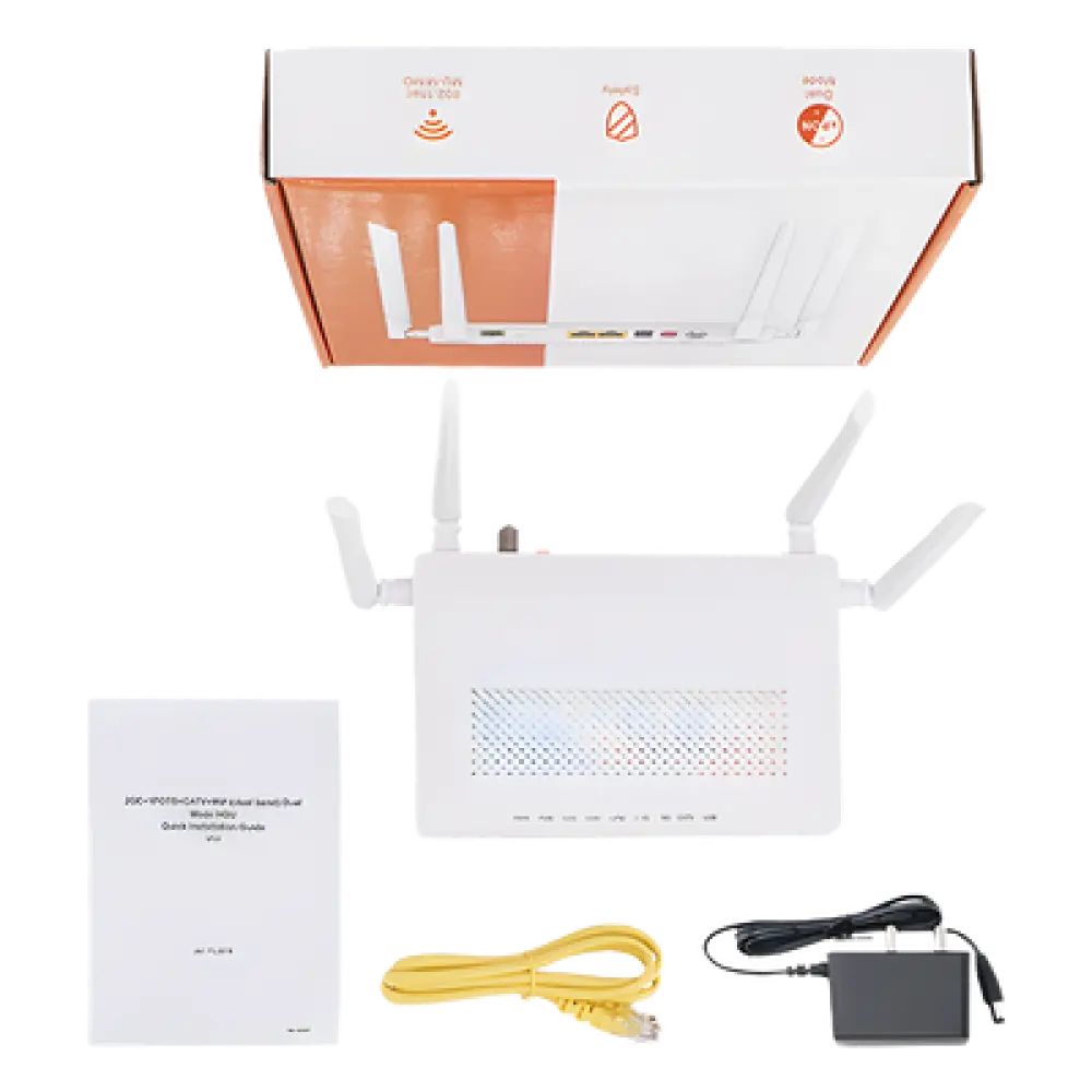 ONU Dual PON / Wi-Fi Doble Banda AC1200 / 2 Puertos Gigabit / Puerto CATV con AGC / 4 Antenas de Alta Ganancia / Gestión Remota OLT