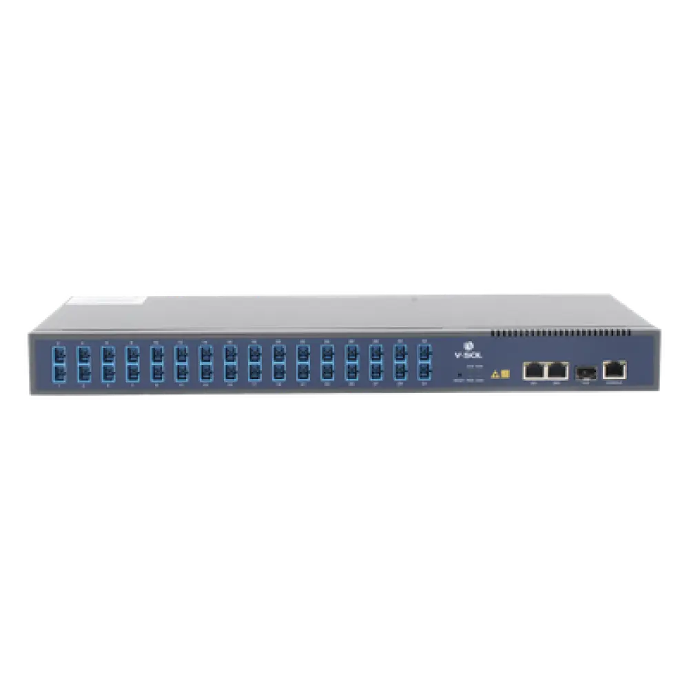 OLT GPON / 1 Puerto PON con Splitter 1:32 / 3 Uplink (2 GE + 1 SFP/SFP+) / Hasta 128 ONUs / 20 km / 1.73 ft Rack