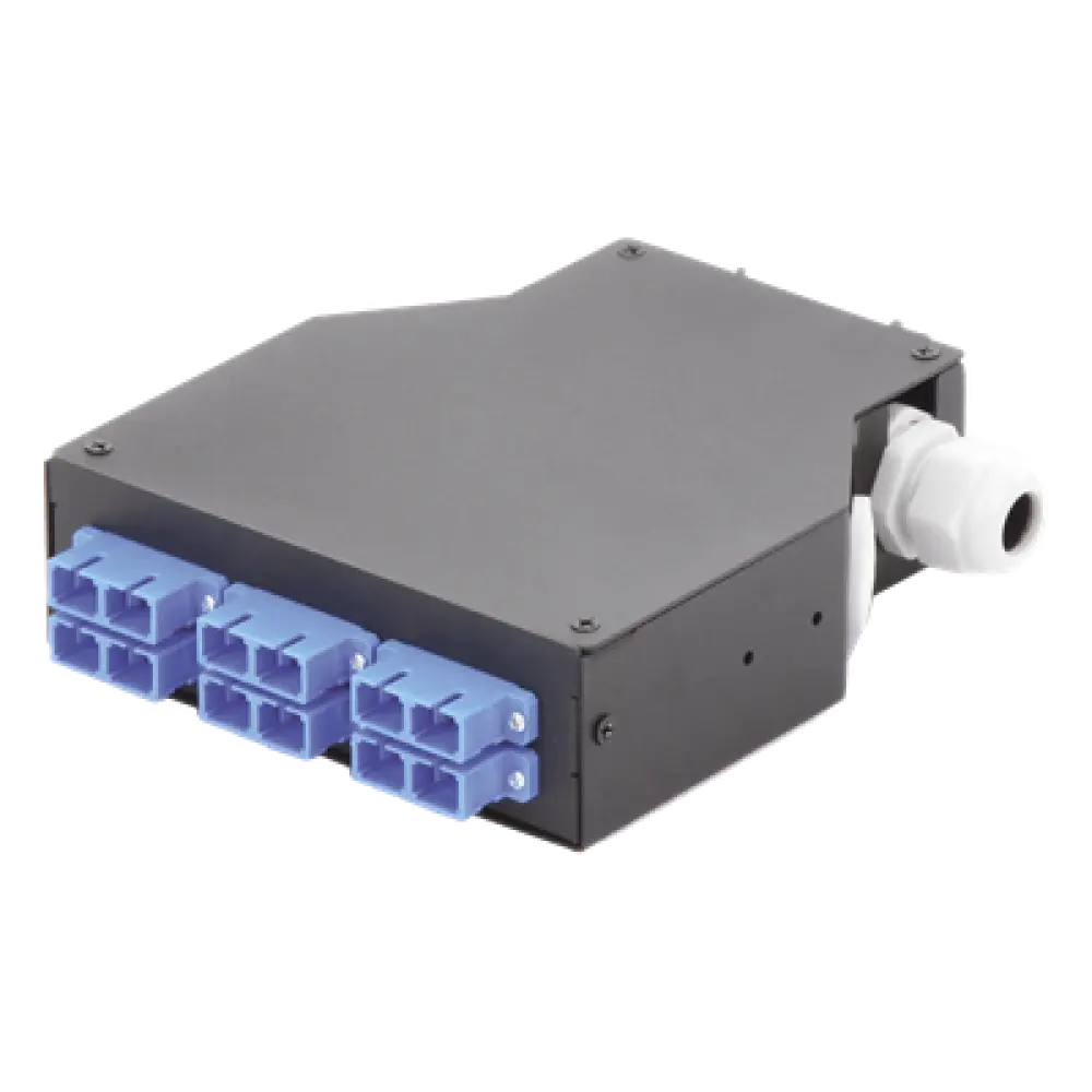 Distribuidor de Fibra Óptica / Riel DIN / 6 Acopladores SC/UPC Dúplex Monomodo / Charola 24 Fusiones / IP67 / 4x12.6x14.2 cm