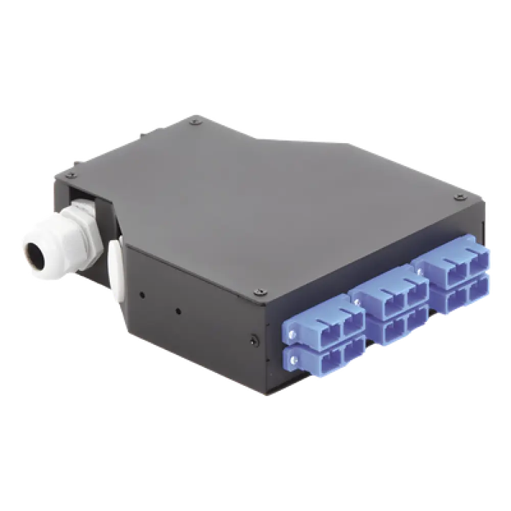 Distribuidor de Fibra Óptica / Riel DIN / 6 Acopladores SC/UPC Dúplex Monomodo / Charola 24 Fusiones / IP67 / 4x12.6x14.2 cm