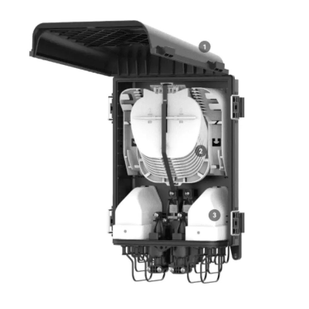 Caja de Distribución Óptica Preconectorizada / IP68 / 96 Empalmes / 2 Splitters 1x4 / 8 Puertos / Exterior