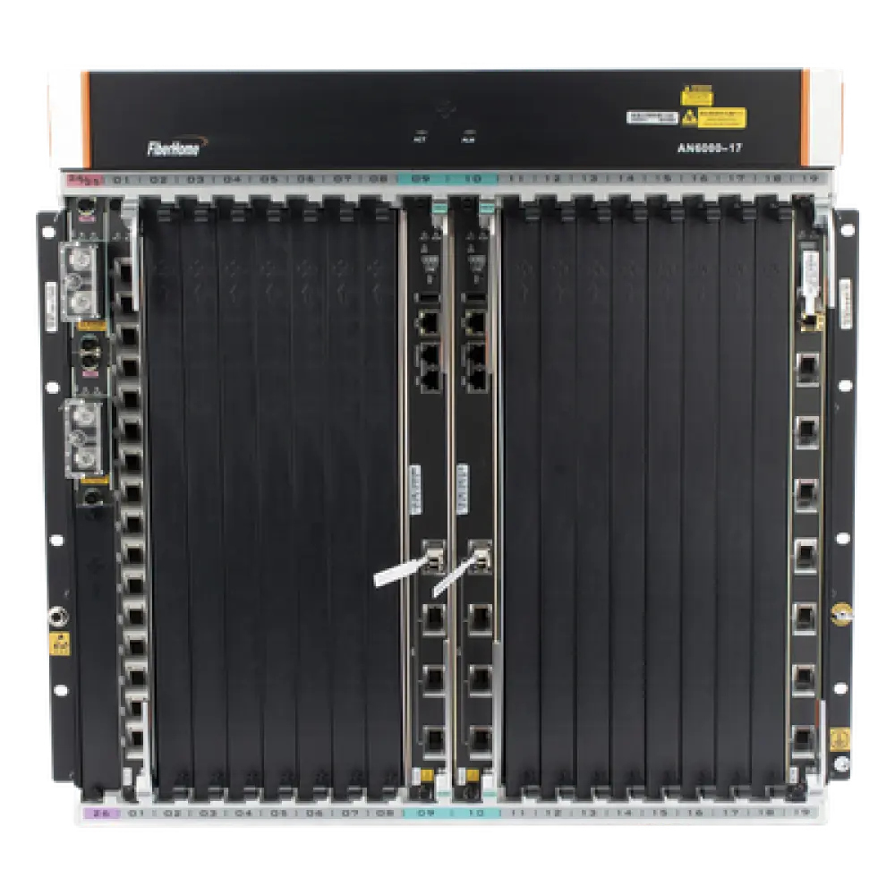 OLT Carrier Class Modular / 16 Ranuras de Servicio / 240 Puertos GPON o 120 XGPON / 6.8T Switching / 200G Slot Bandwidth / 16,000 ONTs / Rack 21"