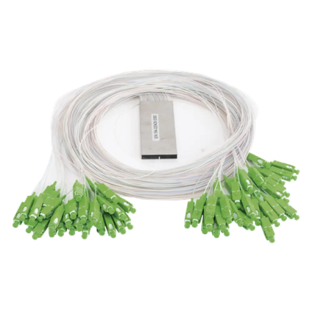 Divisor Óptico PLC / 1x64 Puertos / Conectores SC/APC / Rango 1260-1650 nm / Pérdida 20.8 dB / -40 a 85°C