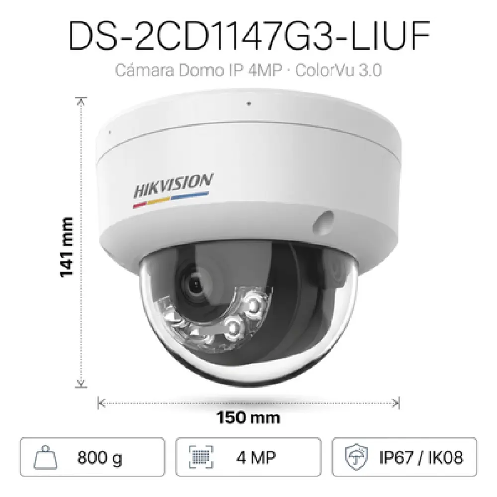 Cámara Domo IP / 4 Megapixel / Color 24/7 / Dual Light 30 m (98.4 ft) / Lente 2.8 mm / WDR 120 dB / IP67 IK08 / PoE