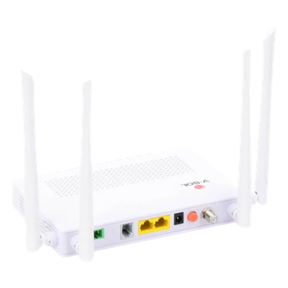ONU Dual GPON/EPON / Wi-Fi AC Doble Banda / 4 Antenas 5 dBi / 2x LAN Gigabit / 1x FXS / 1x CATV / 12V 1A / 0 a 55°C