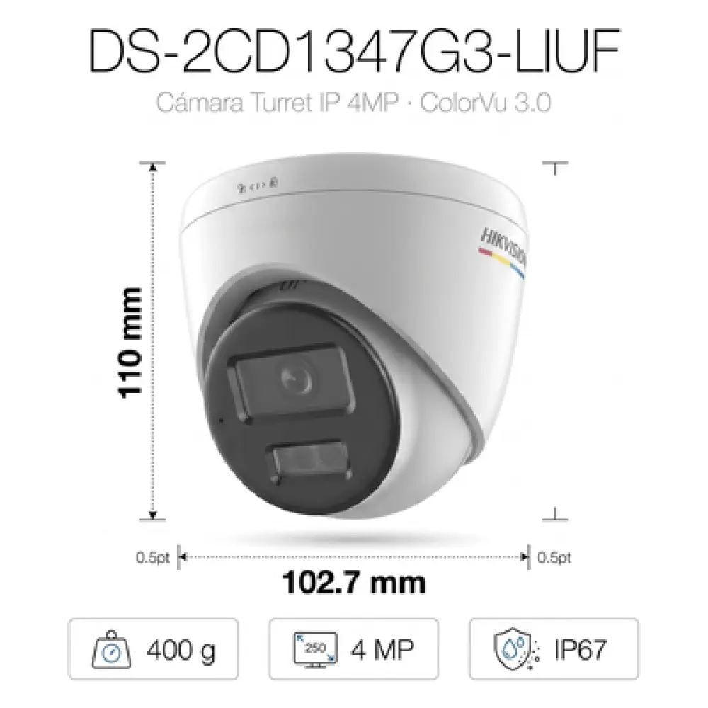 Cámara Turret IP / 4 Megapixel / Color 24/7 / Lente 2.8 mm / FOV 101.5° / IR 30 m (98.4 ft) + Luz Blanca 30 m (98.4 ft) / WDR 120 dB / IP67 / PoE