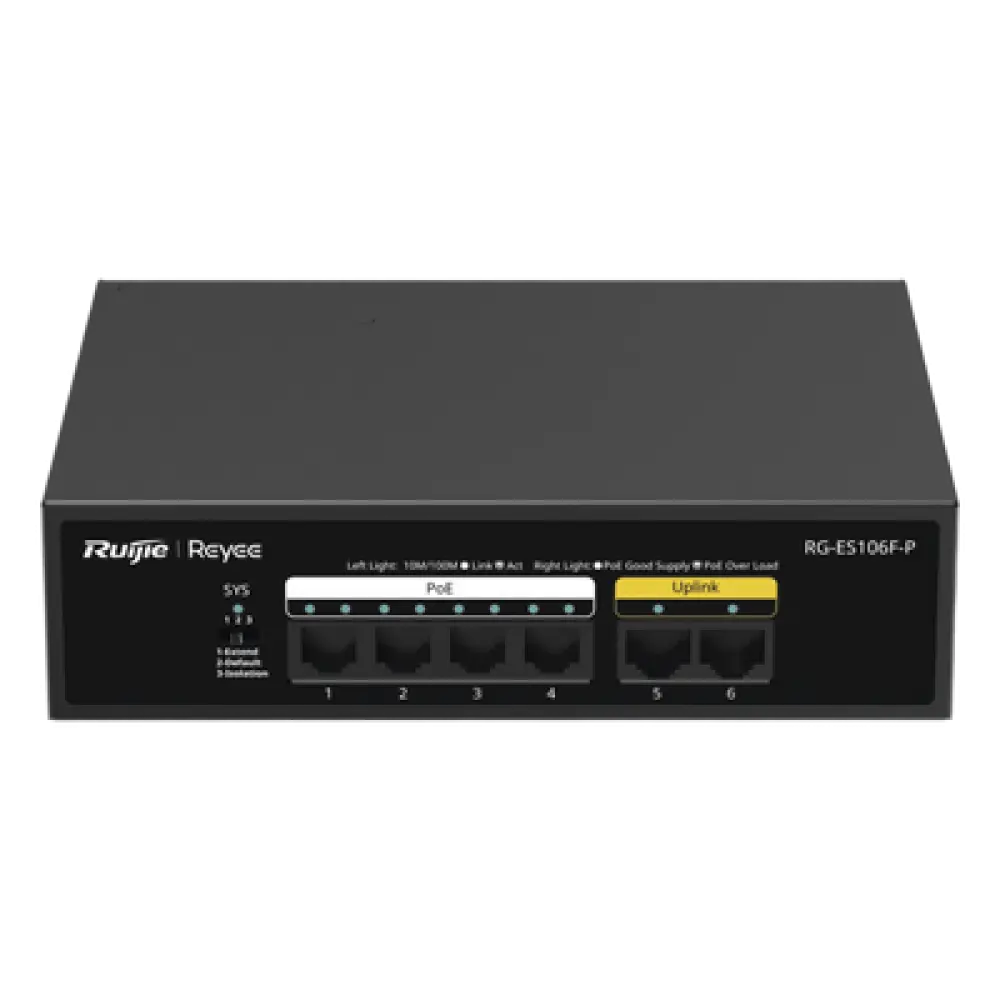 Switch PoE+ / 6 Puertos 10/100 Mbps / 54W PoE Total / No Administrable / Sin Ventilador