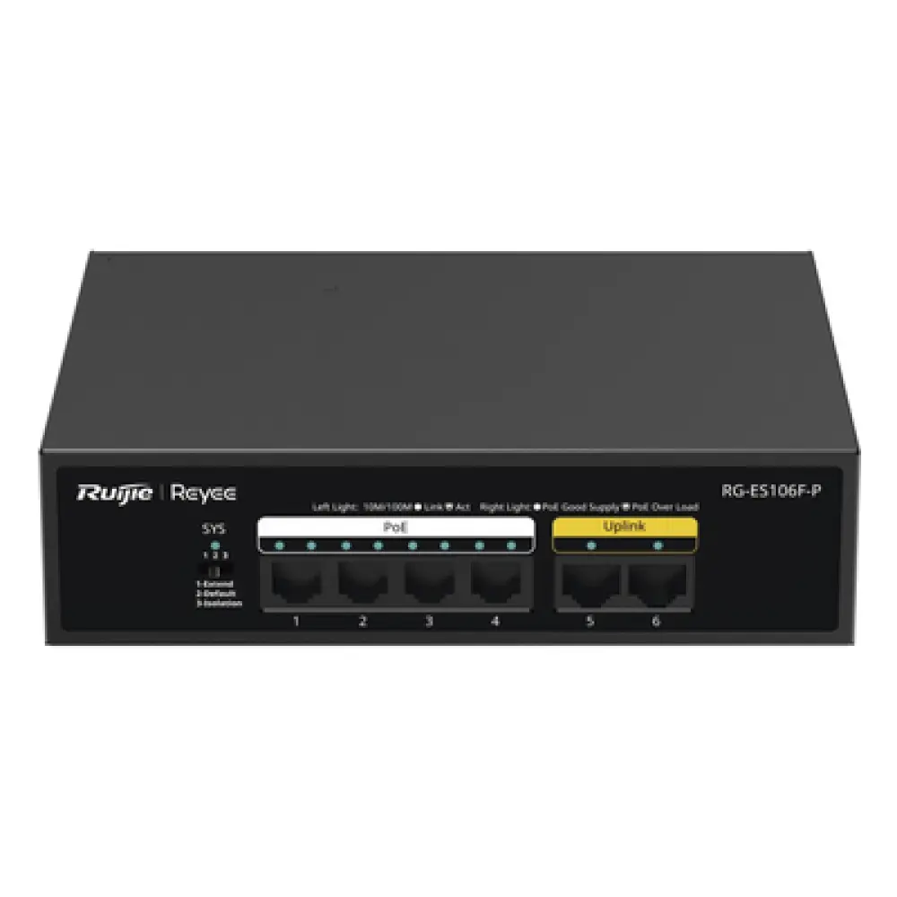 Switch PoE+ / 6 Puertos 10/100 Mbps / 54W PoE Total / No Administrable / Sin Ventilador