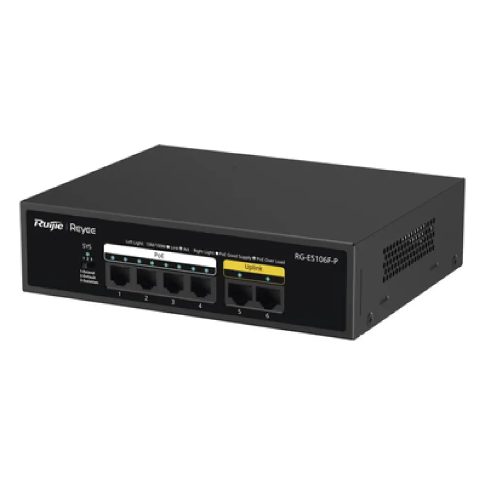 Switch PoE+ / 6 Puertos 10/100 Mbps / 54W PoE Total / No Administrable / Sin Ventilador