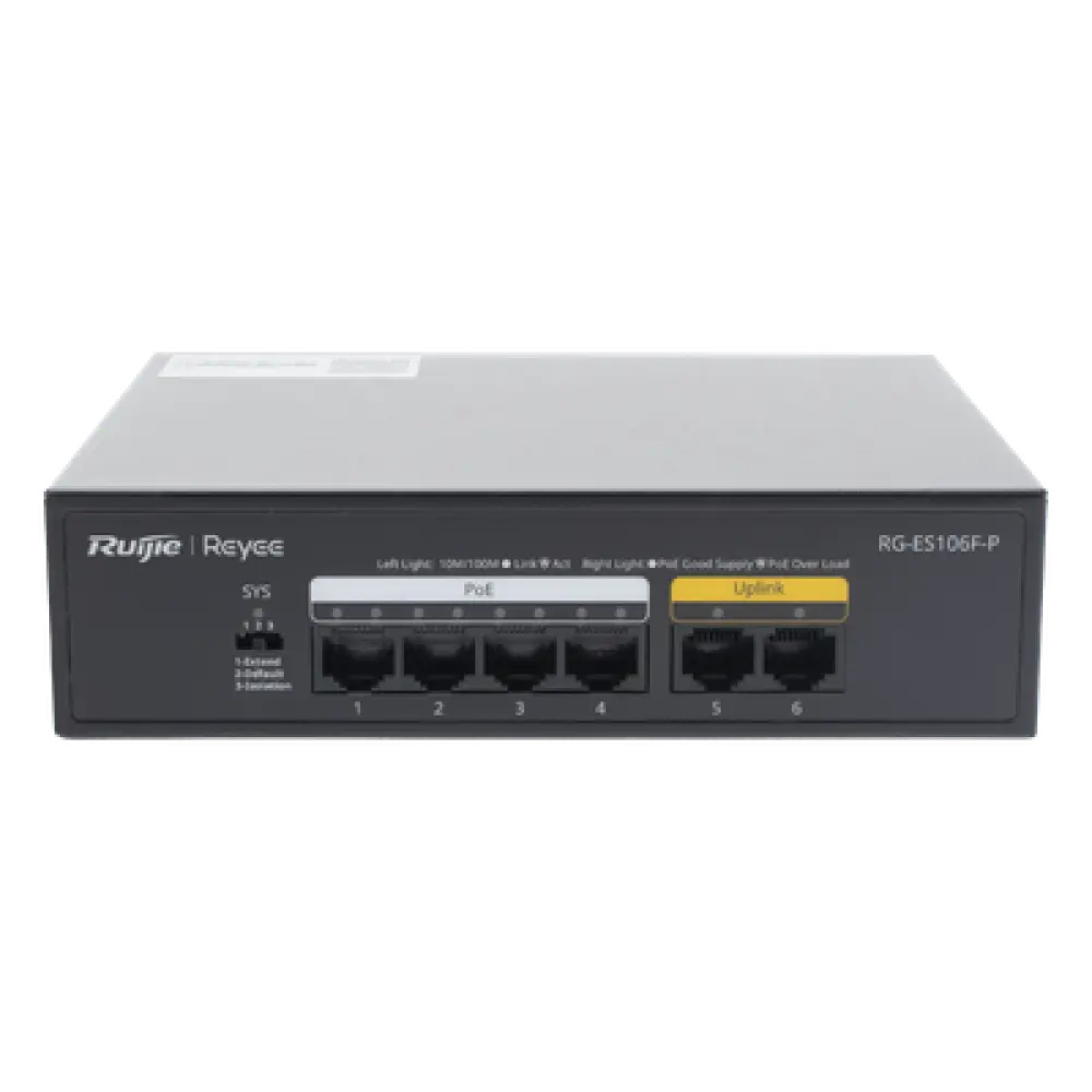 Switch PoE+ / 6 Puertos 10/100 Mbps / 54W PoE Total / No Administrable / Sin Ventilador