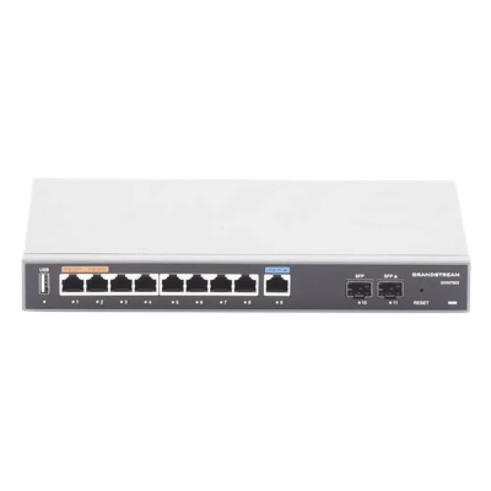 Router Gigabit VPN / Balanceador de cargas / 60,000 sesiones NAT / 9 puertos RJ45 Gigabit + 2 puertos SFP / PoE entrada y salida / Compatible con GWN Cloud