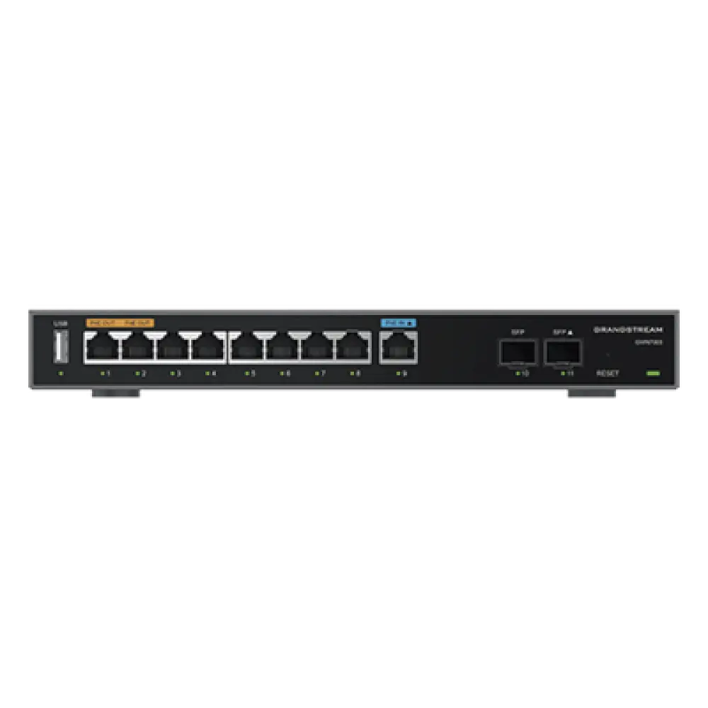 Router Gigabit VPN / Balanceador de cargas / 60,000 sesiones NAT / 9 puertos RJ45 Gigabit + 2 puertos SFP / PoE entrada y salida / Compatible con GWN Cloud