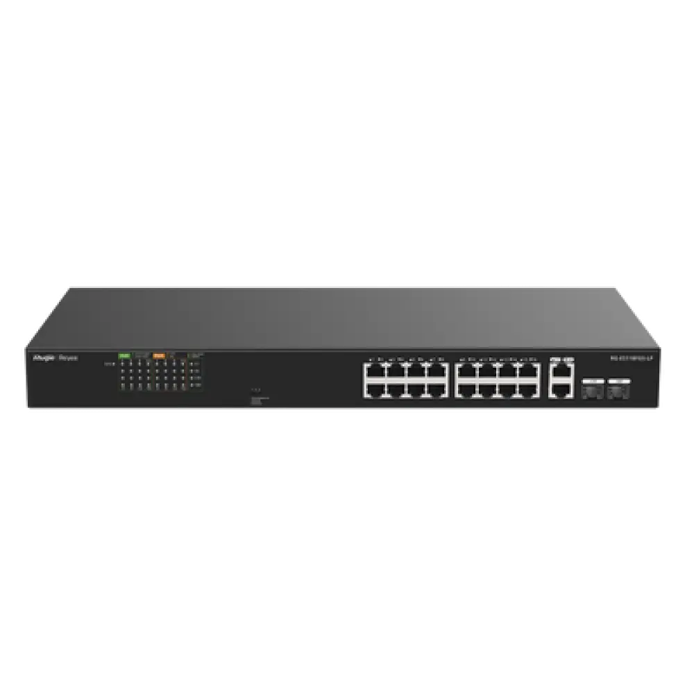 Switch PoE+ No Administrable / 16 Puertos 10/100 PoE+ / 2 Uplinks Gigabit / 2 SFP Combo / 120W PoE / 7.2 Gbps / Sin Ventilador