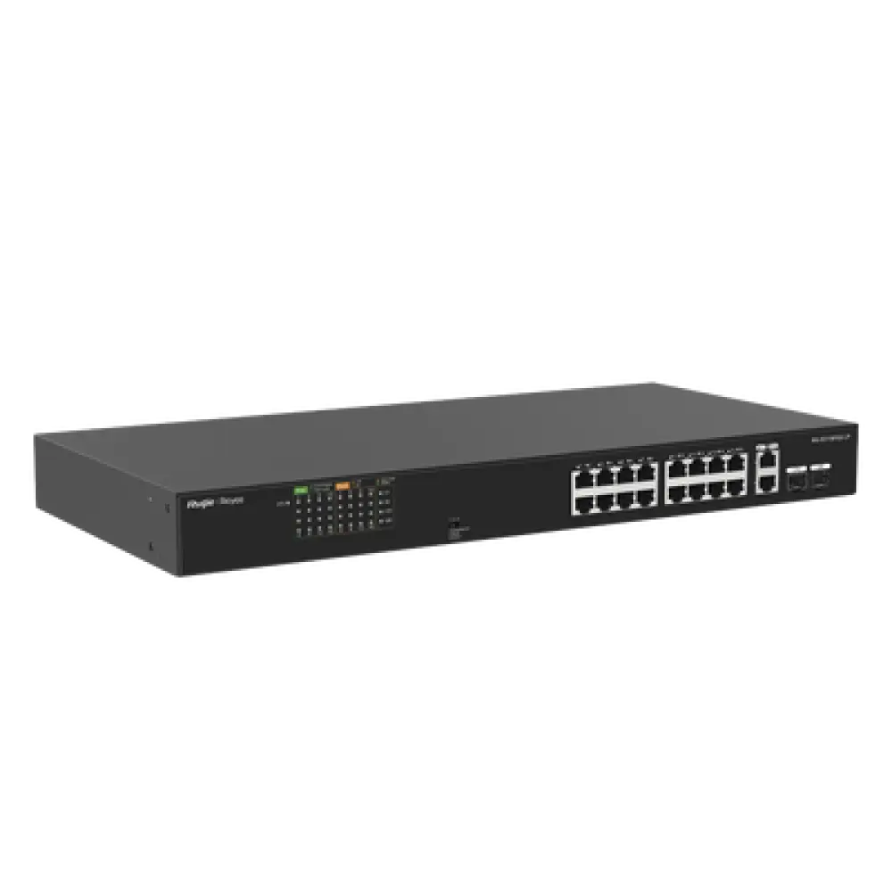 Switch PoE+ No Administrable / 16 Puertos 10/100 PoE+ / 2 Uplinks Gigabit / 2 SFP Combo / 120W PoE / 7.2 Gbps / Sin Ventilador