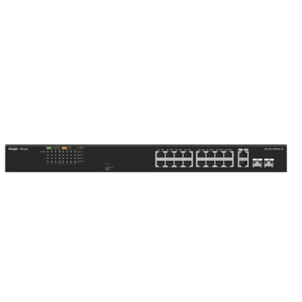 Switch PoE+ No Administrable / 16 Puertos 10/100 PoE+ / 2 Uplinks Gigabit / 2 SFP Combo / 120W PoE / 7.2 Gbps / Sin Ventilador