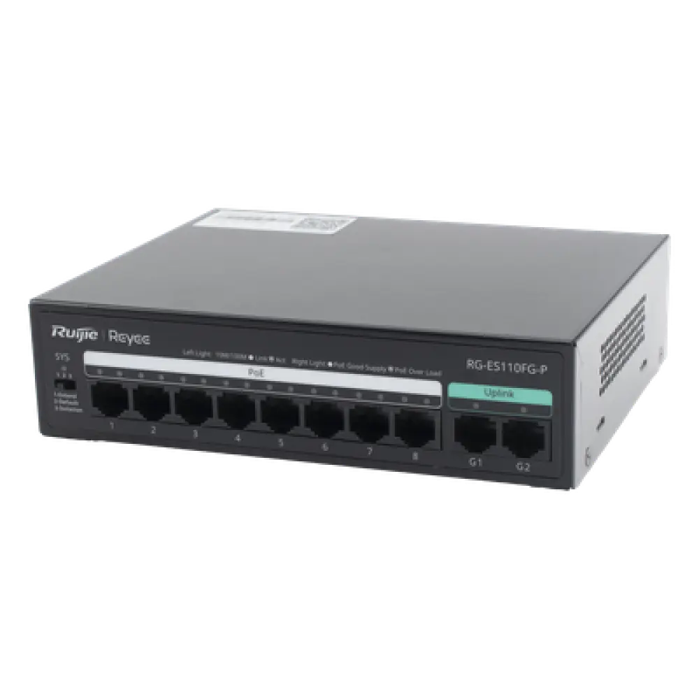 Switch PoE+ No Administrable / 8 Puertos PoE+ 10/100 / 2 Uplinks Gigabit / 110 W / Sin Ventilador / Protección 4 kV