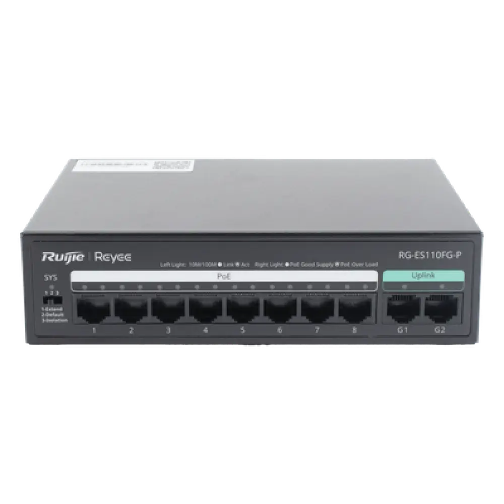 Switch PoE+ No Administrable / 8 Puertos PoE+ 10/100 / 2 Uplinks Gigabit / 110 W / Sin Ventilador / Protección 4 kV