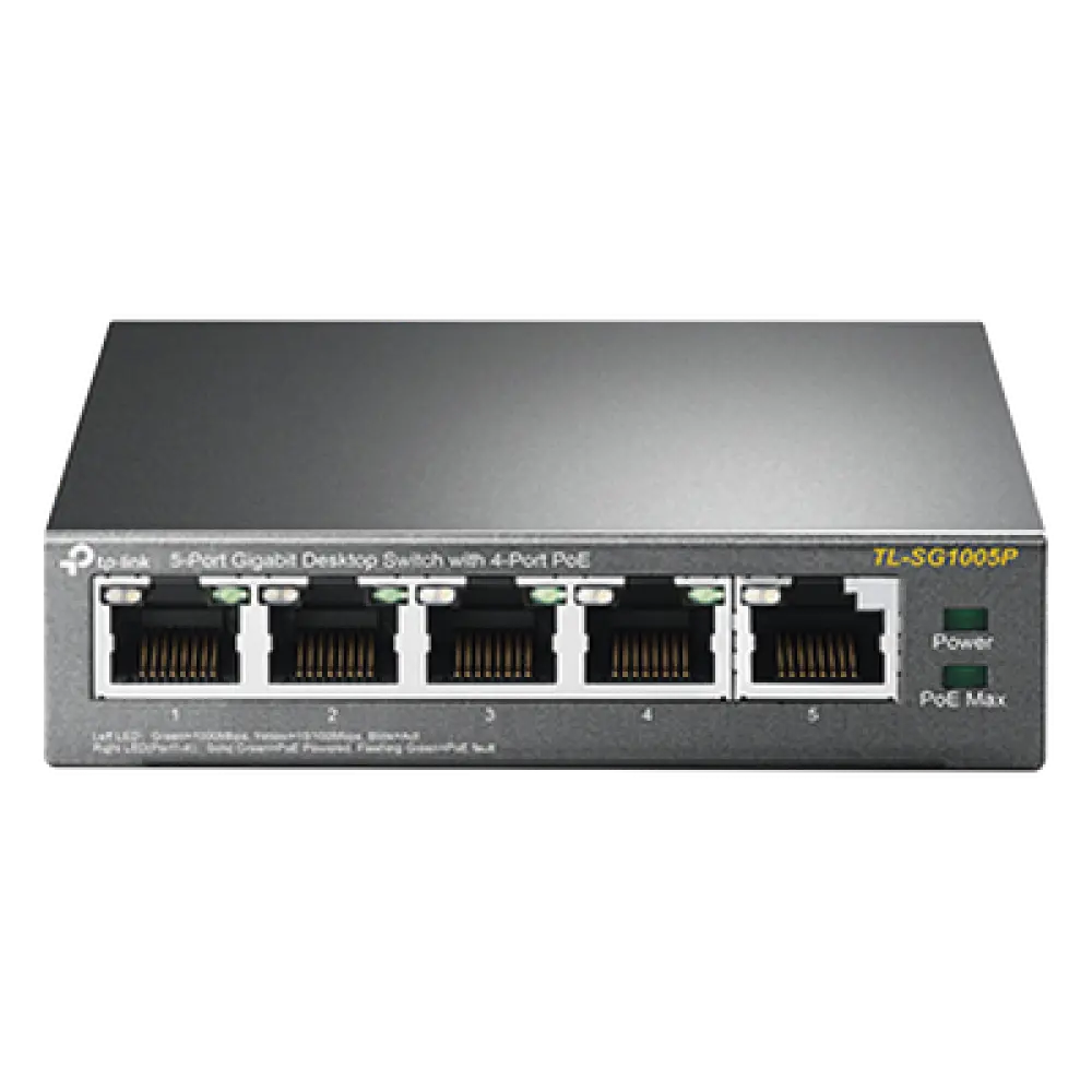 Switch de Escritorio / 5 Puertos Gigabit / 4 Puertos PoE 802.3af/at 65W / PoE Extendido 250m (820 pies) / Sin Ventilador