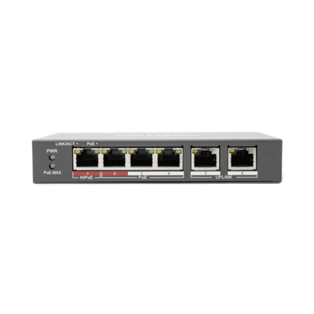 Switch PoE+ / No Administrable / 3 Puertos 10/100 Mbps PoE+ 30W / 1 Puerto Hi-PoE 60W / 2 Puertos Uplink / Modo Extendido hasta 300 m (984 pies)