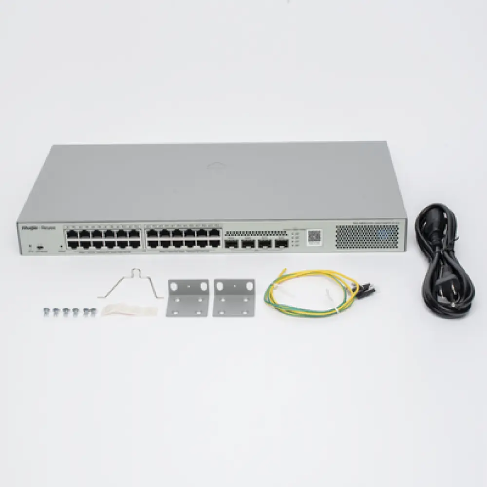 Switch Administrable L2 PoE+ / 24 Puertos Gigabit / 4 SFP Uplink 1G / 370W / Capacidad 56 Gbps / Protección 6 kV / 1U Rack