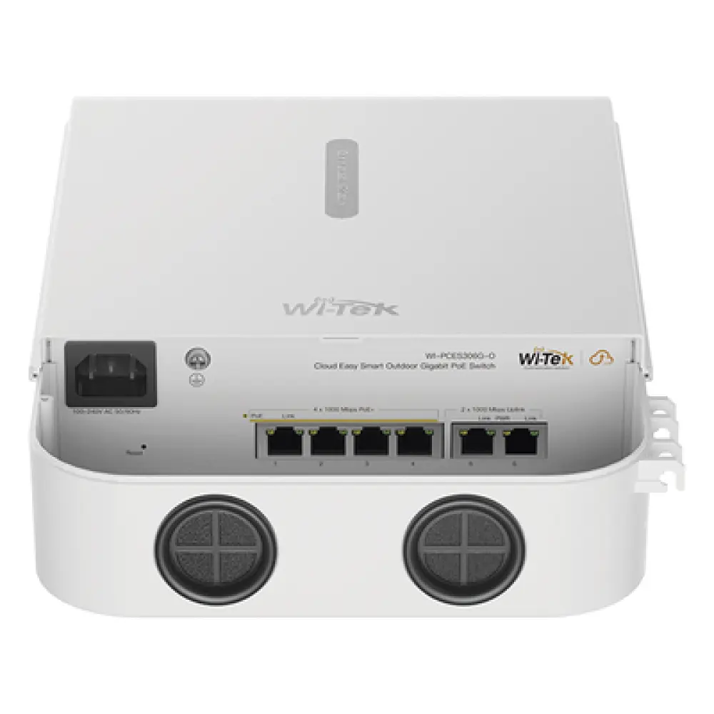 Switch PoE para Exterior / 4 Puertos 10/100 Mbps PoE af/at / 2 Puertos Uplink / Presupuesto 60 W / Alcance PoE 250 m (820.2 ft) / IP65 / Gestión en la Nube