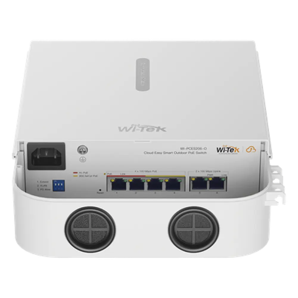 Switch PoE para Exterior / 4 Puertos 10/100 Mbps PoE af/at / 2 Puertos Uplink / Presupuesto 60 W / Alcance PoE 250 m (820.2 ft) / IP65 / Gestión en la Nube