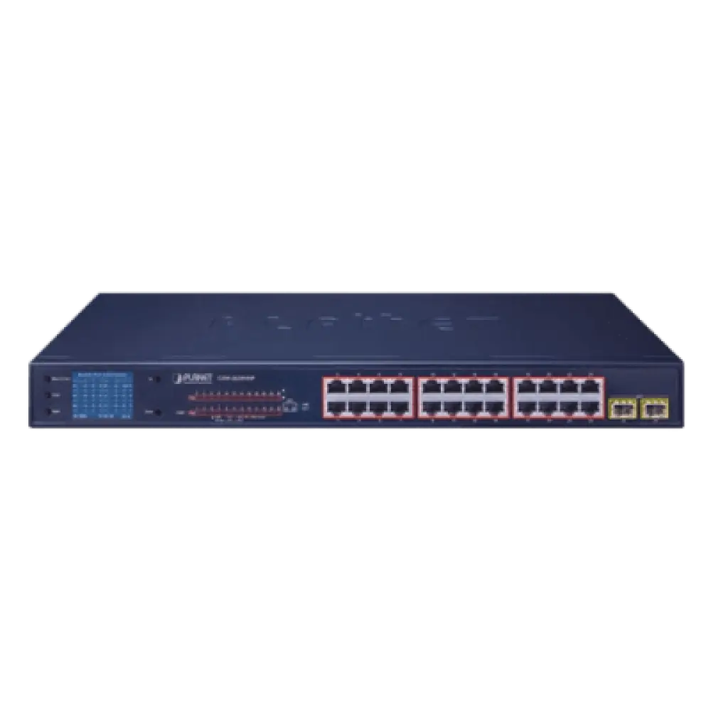 Switch PoE / 24 Puertos Gigabit 802.3af/at / 2 SFP 1000SX / LCD Inteligente / Modo Extendido 250 m (820.2 ft) / 300 W PoE / 52 Gbps