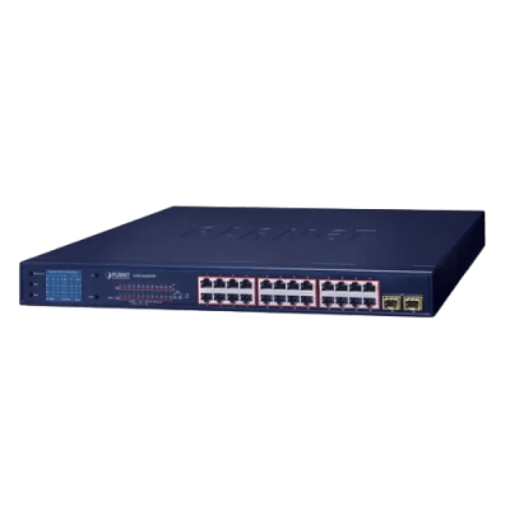 Switch PoE / 24 Puertos Gigabit 802.3af/at / 2 SFP 1000SX / LCD Inteligente / Modo Extendido 250 m (820.2 ft) / 300 W PoE / 52 Gbps
