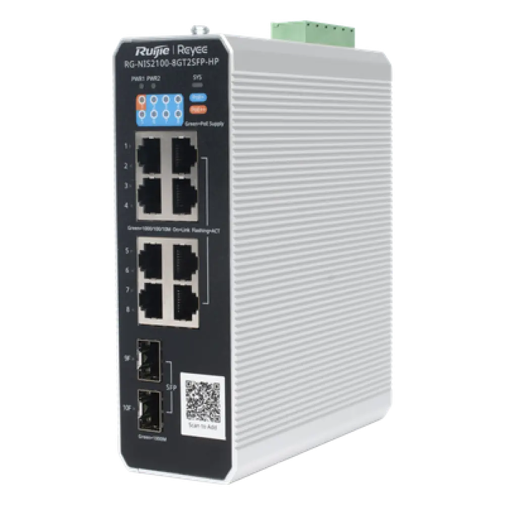 Switch Industrial PoE+ / 8 Puertos Gigabit / 1 PoE++ 60W / 7 PoE+ 30W / 2 SFP Uplink / 300W Total / Capacidad 20 Gbps / Layer 2
