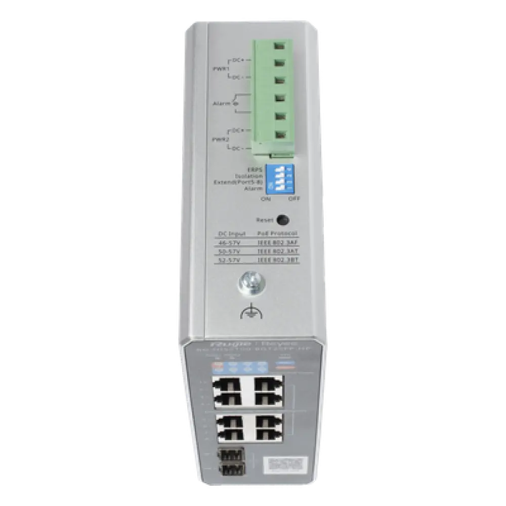 Switch Industrial PoE+ / 8 Puertos Gigabit / 1 PoE++ 60W / 7 PoE+ 30W / 2 SFP Uplink / 300W Total / Capacidad 20 Gbps / Layer 2