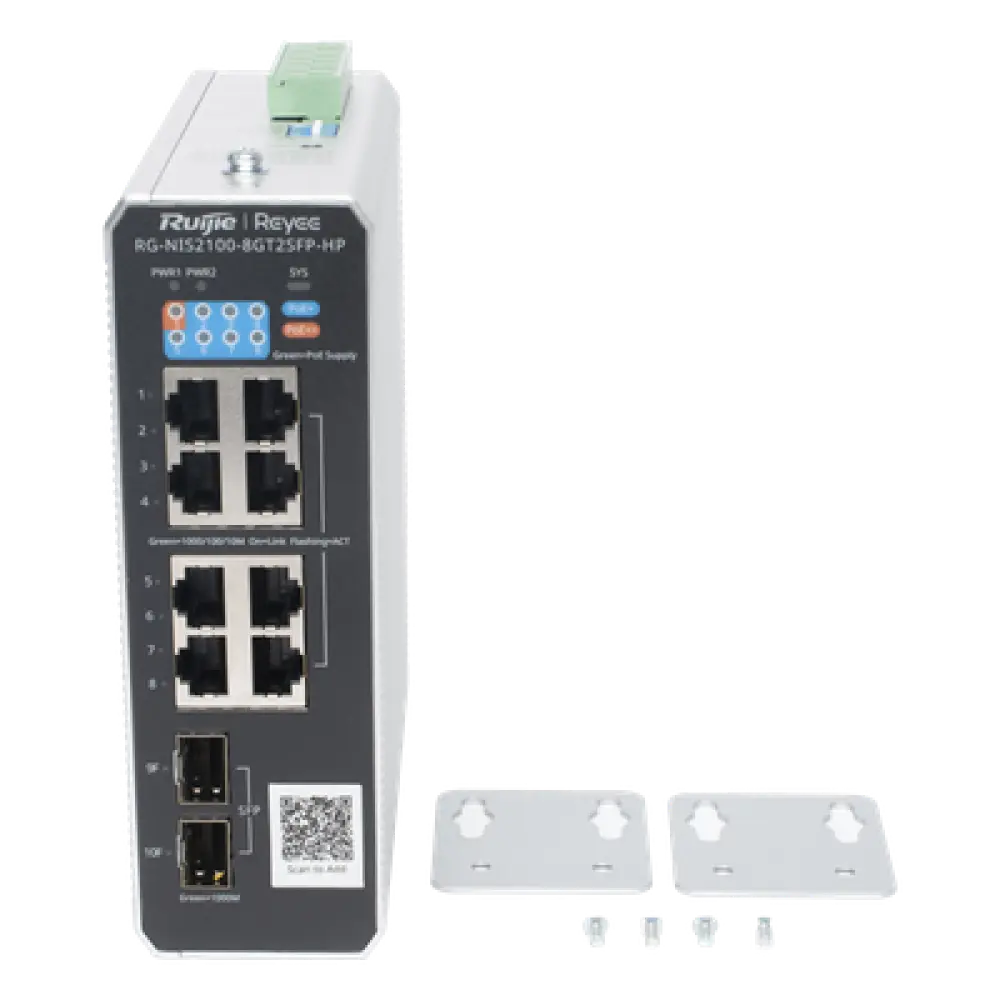 Switch Industrial PoE+ / 8 Puertos Gigabit / 1 PoE++ 60W / 7 PoE+ 30W / 2 SFP Uplink / 300W Total / Capacidad 20 Gbps / Layer 2