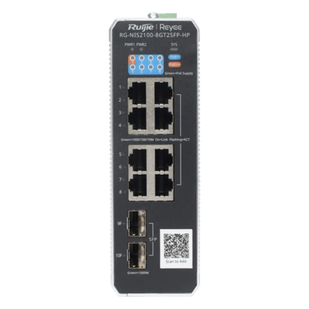 Switch Industrial PoE+ / 8 Puertos Gigabit / 1 PoE++ 60W / 7 PoE+ 30W / 2 SFP Uplink / 300W Total / Capacidad 20 Gbps / Layer 2