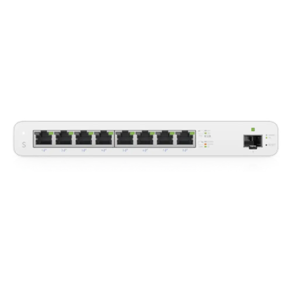 Switch PoE Pasivo / 8 Puertos GbE / 1 Puerto SFP / 110 W (27 V) / 30 W por Puerto / Aislamiento de Puertos / DHCP Snooping