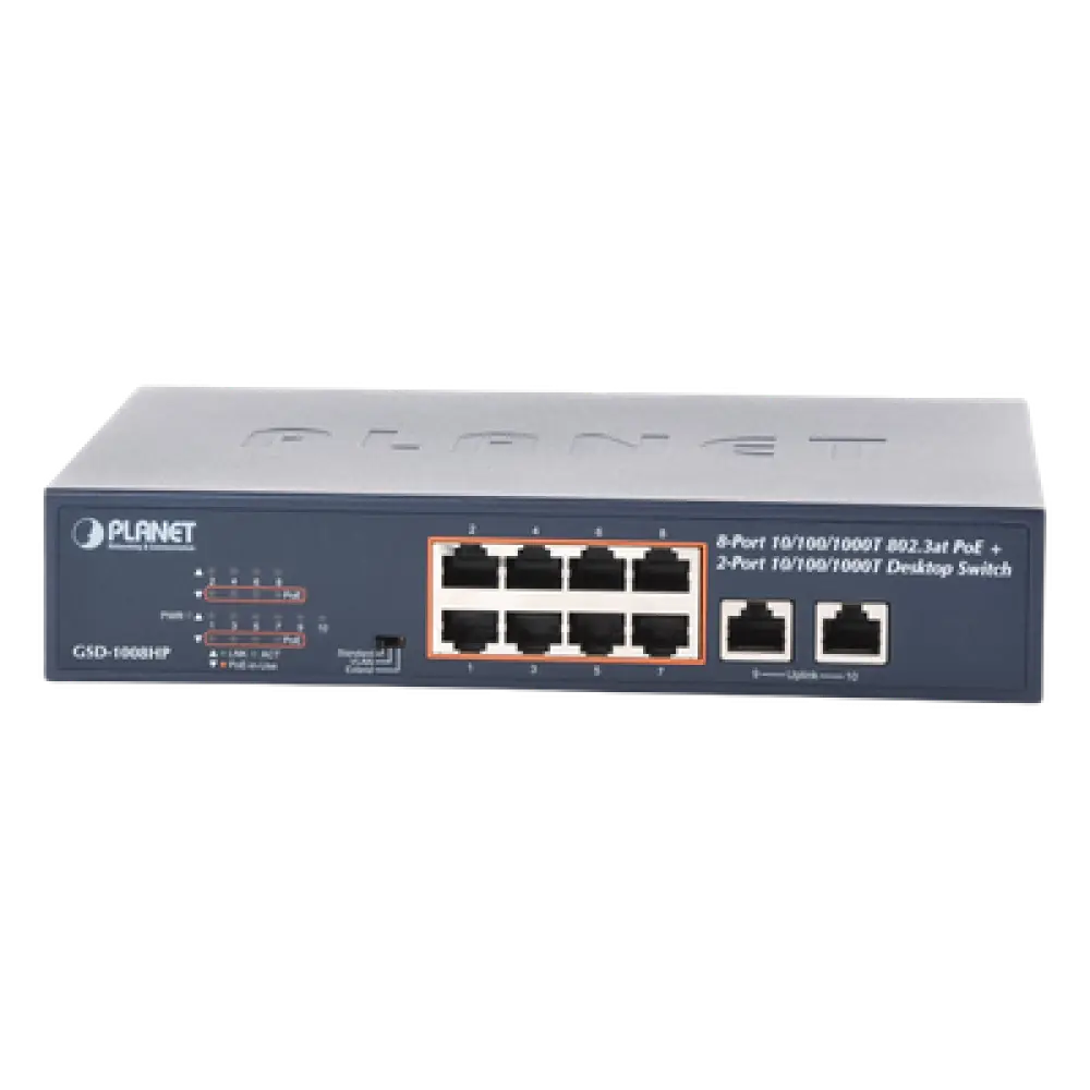 Switch PoE+ / 8 Puertos Gigabit 802.3at / 2 Puertos Uplink / Presupuesto PoE 120 W / Alcance Extendido 250 m (820.2 ft) / Rackeable 1U