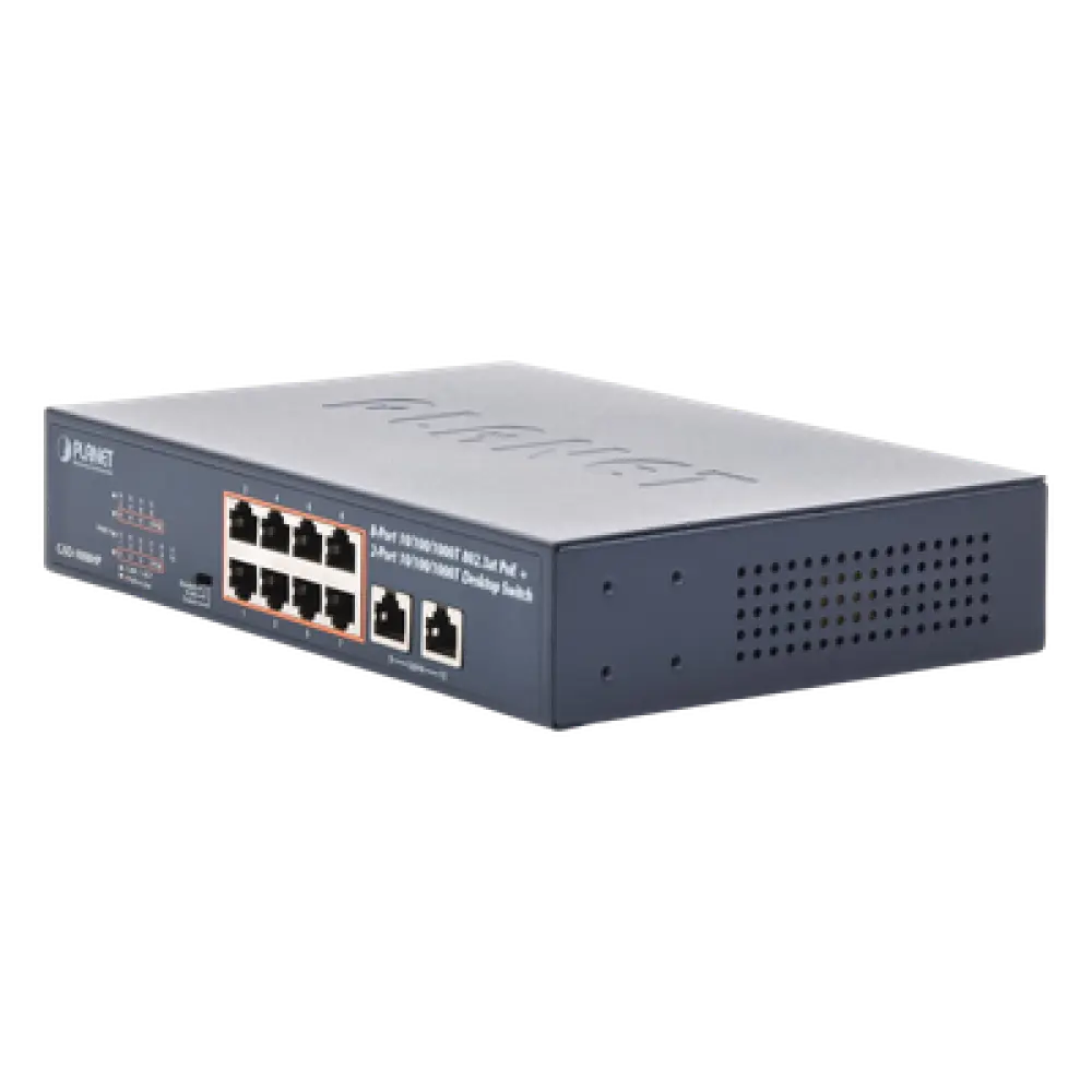 Switch PoE+ / 8 Puertos Gigabit 802.3at / 2 Puertos Uplink / Presupuesto PoE 120 W / Alcance Extendido 250 m (820.2 ft) / Rackeable 1U