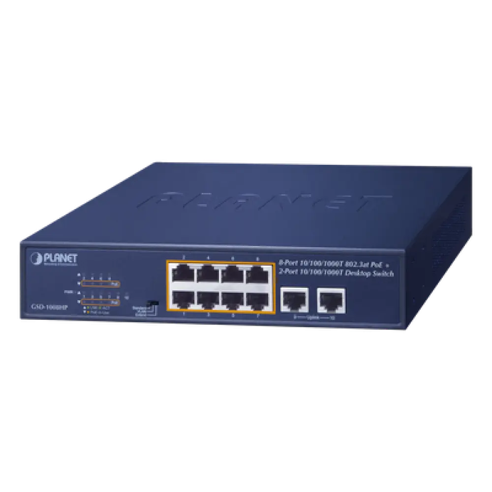 Switch PoE+ / 8 Puertos Gigabit 802.3at / 2 Puertos Uplink / Presupuesto PoE 120 W / Alcance Extendido 250 m (820.2 ft) / Rackeable 1U