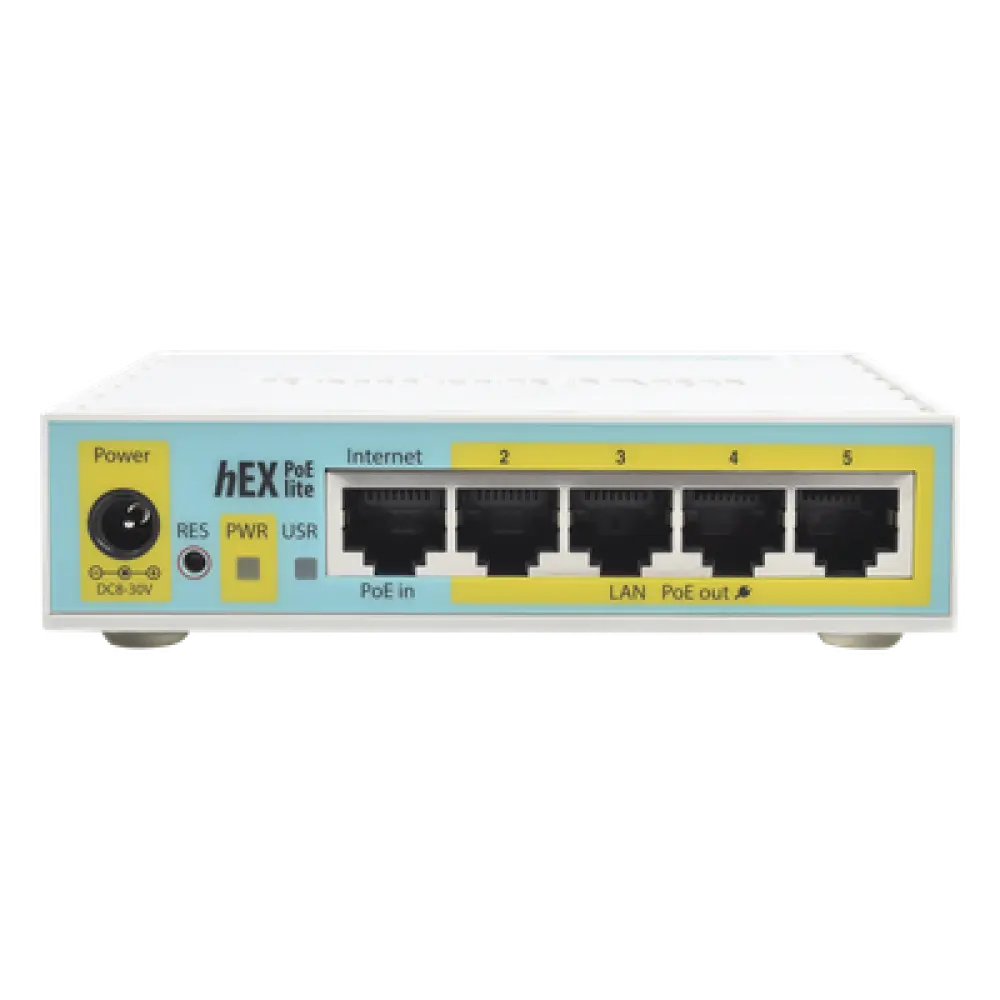 RouterBoard / 5 Puertos Fast Ethernet / 4 con PoE Pasivo / USB 2.0 / CPU 650 MHz / Rango -30°C a +70°C