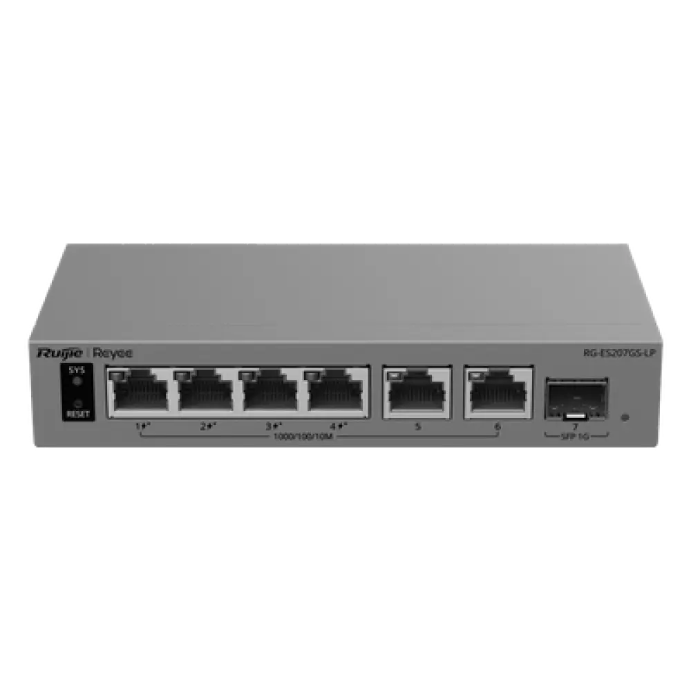 Switch Gigabit Smart Cloud / 7 Puertos / 4 PoE+ 40 W / 1 SFP Uplink / Capa 2 / Protección 6 kV / Fanless