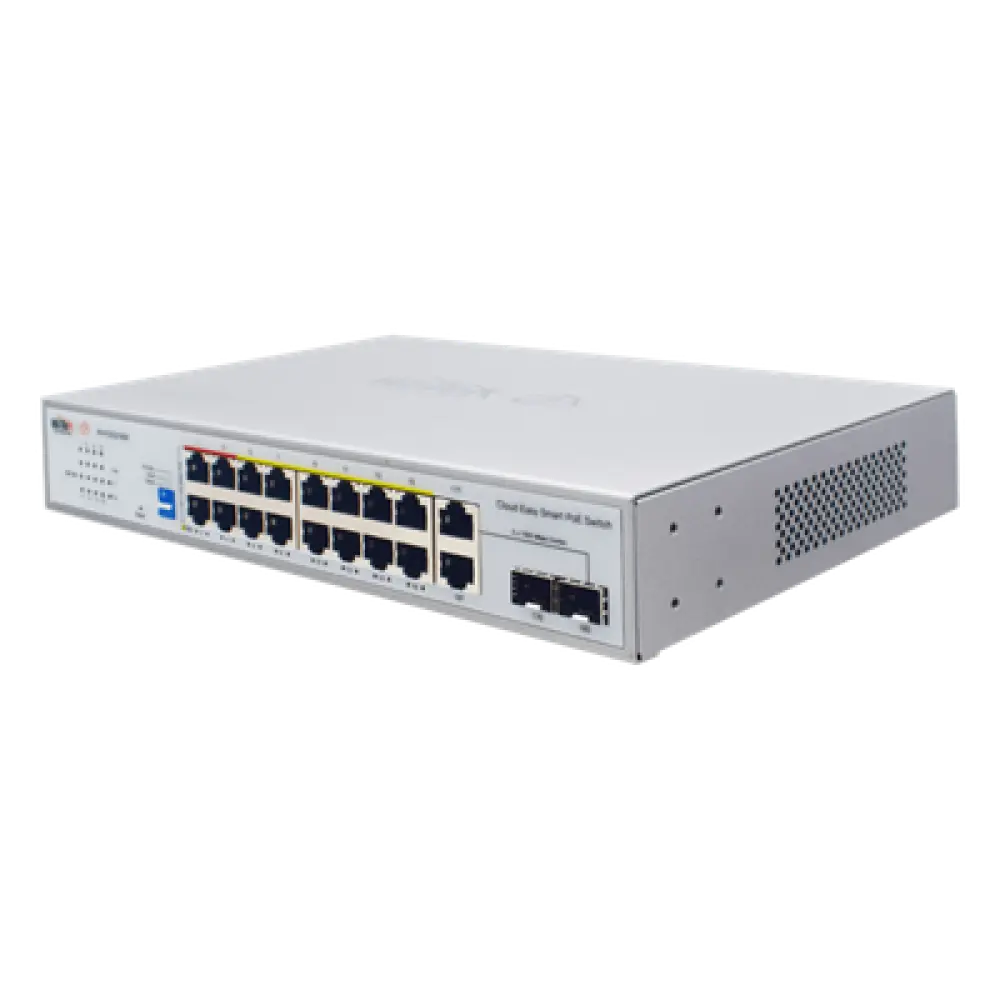Switch PoE / 16 Puertos 10/100 Mbps PoE / 2 Uplink Gigabit / 1 Puerto SFP / Presupuesto PoE 250 W / Alcance 250 m (820.2 ft) / ONVIF