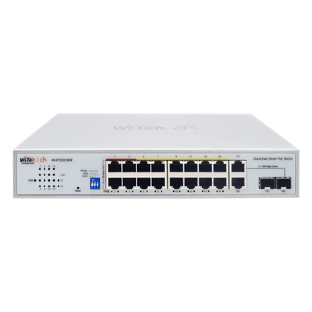Switch PoE / 16 Puertos 10/100 Mbps PoE / 2 Uplink Gigabit / 1 Puerto SFP / Presupuesto PoE 250 W / Alcance 250 m (820.2 ft) / ONVIF