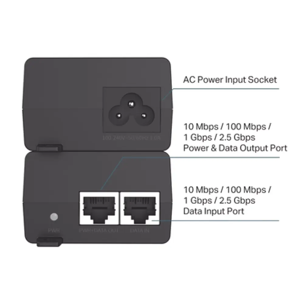Inyector PoE+ / 30W / 2 Puertos 2.5 Gbps / 802.3af/at / Alcance 100 m (328 ft) / Plug and Play
