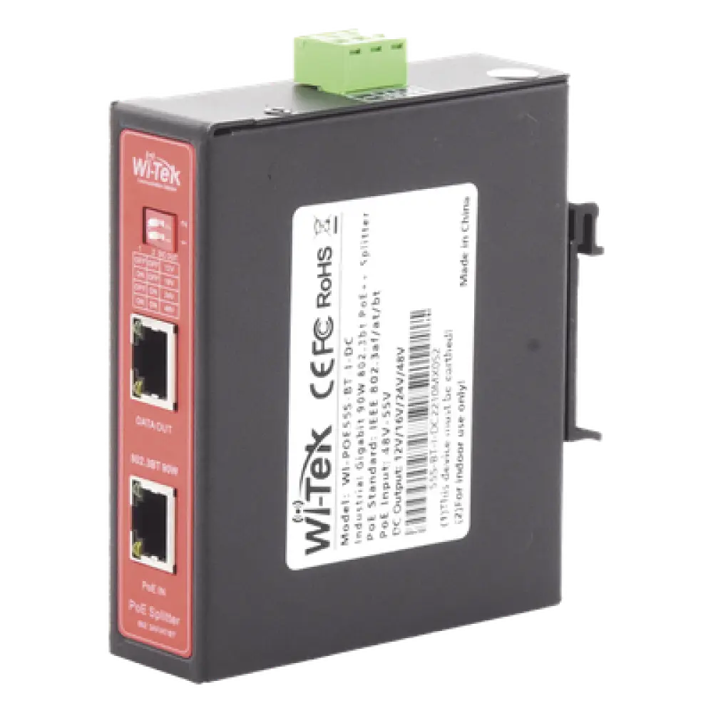 Splitter PoE Industrial / Entrada 90 W 802.3bt / Salida DC Seleccionable 12V/16V/24V/48V / 2 Puertos Gigabit / Protección 6 kV / Riel DIN