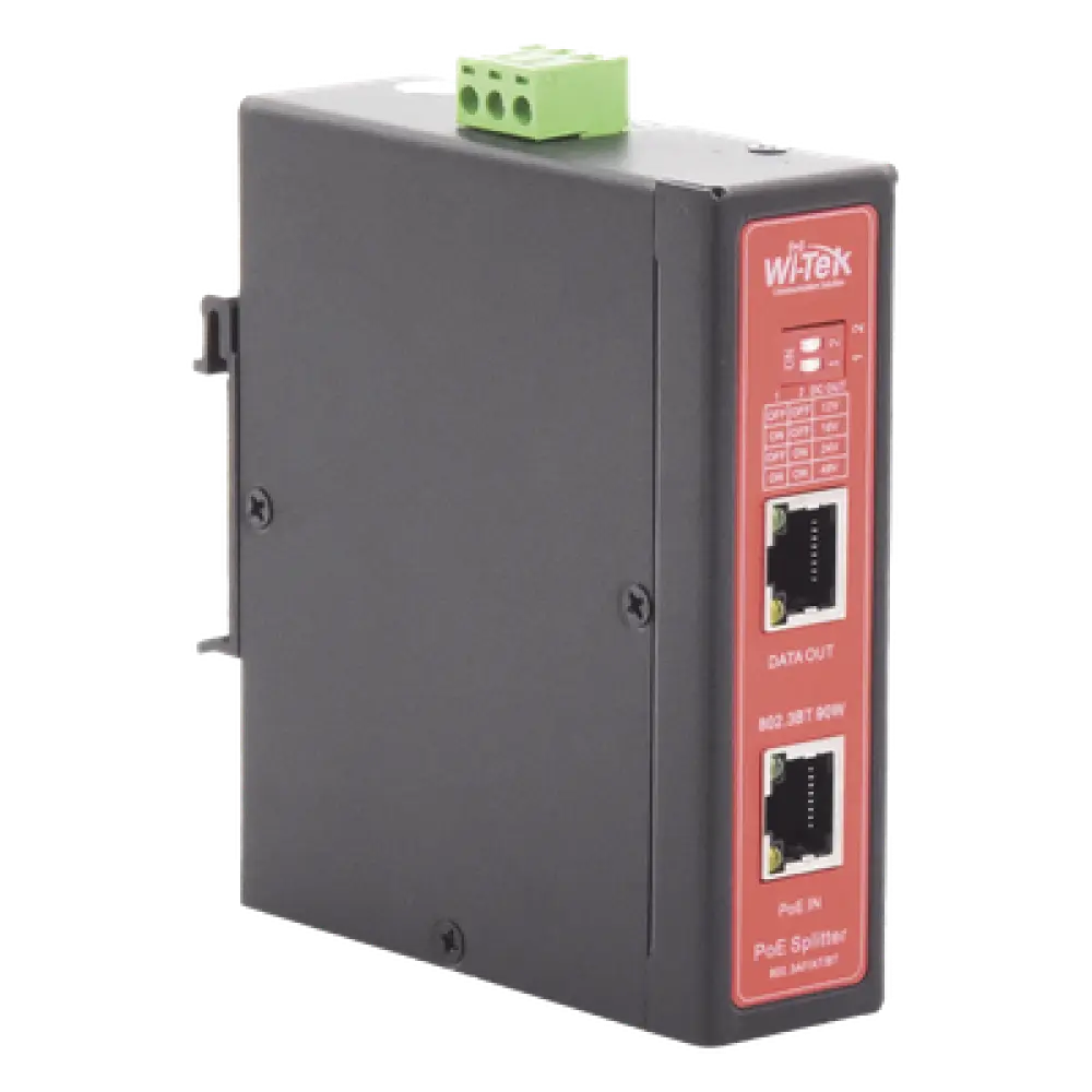Splitter PoE Industrial / Entrada 90 W 802.3bt / Salida DC Seleccionable 12V/16V/24V/48V / 2 Puertos Gigabit / Protección 6 kV / Riel DIN