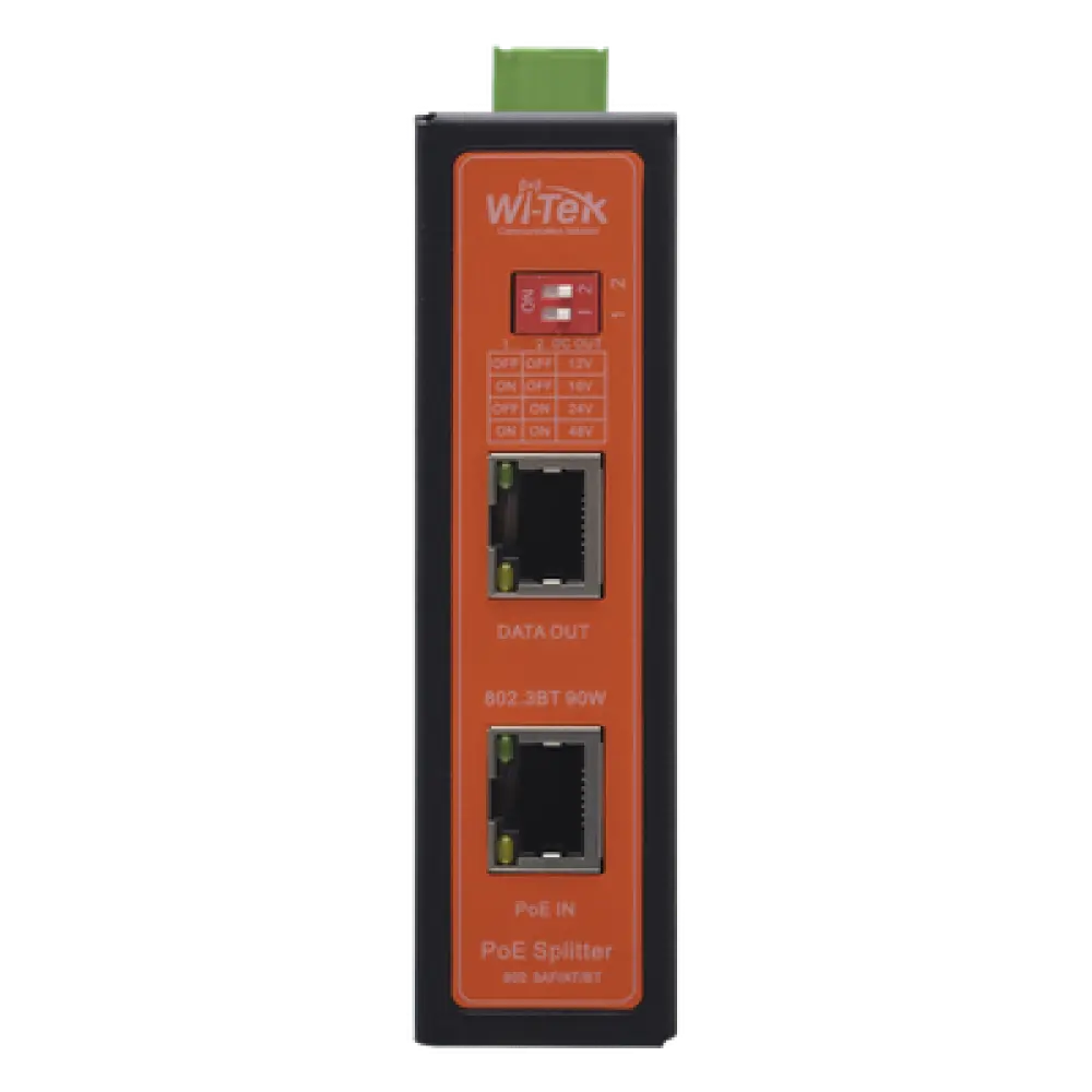 Splitter PoE Industrial / Entrada 90 W 802.3bt / Salida DC Seleccionable 12V/16V/24V/48V / 2 Puertos Gigabit / Protección 6 kV / Riel DIN