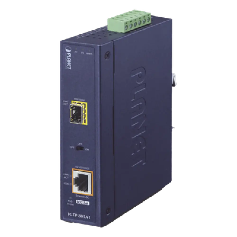 Convertidor de Medios PoE Industrial / SFP 1000BASE-X a RJ45 Gigabit / PoE+ 802.3at 30W / -40 a 75°C / IP30 / 12-48V CC o 24V CA