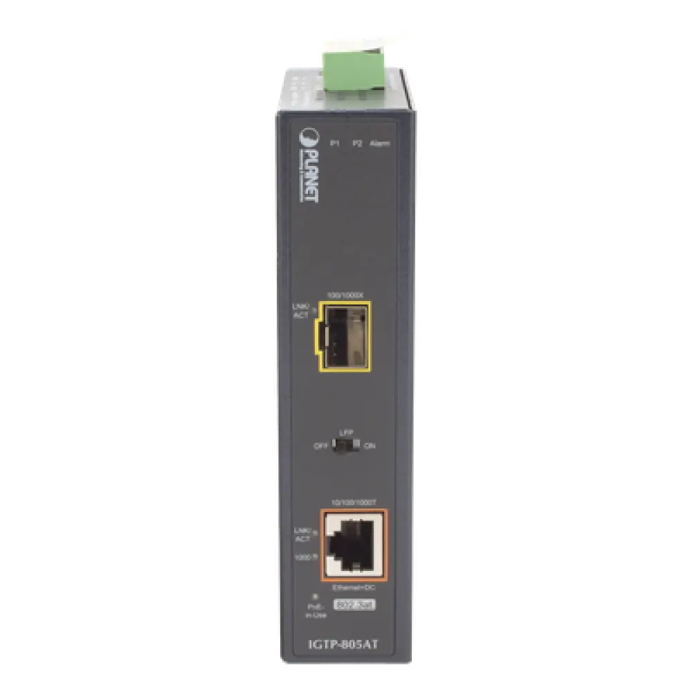 Convertidor de Medios PoE Industrial / SFP 1000BASE-X a RJ45 Gigabit / PoE+ 802.3at 30W / -40 a 75°C / IP30 / 12-48V CC o 24V CA