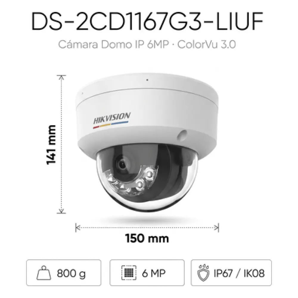 Cámara Domo IP / 6 Megapixel / Dual Light 30 m (98.4 ft) / ColorVu 3.0 / AcuSense Lite / IP67 IK08 / PoE