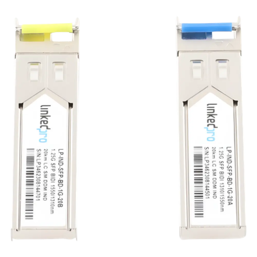 Transceptor Óptico Industrial SFP / Bidireccional Monomodo / 1.25 Gbps / 1310/1550 nm / LC/UPC Simplex / 20 km / Hot-Pluggable / DDM / 2 Piezas