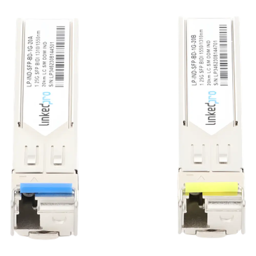 Transceptor Óptico Industrial SFP / Bidireccional Monomodo / 1.25 Gbps / 1310/1550 nm / LC/UPC Simplex / 20 km / Hot-Pluggable / DDM / 2 Piezas